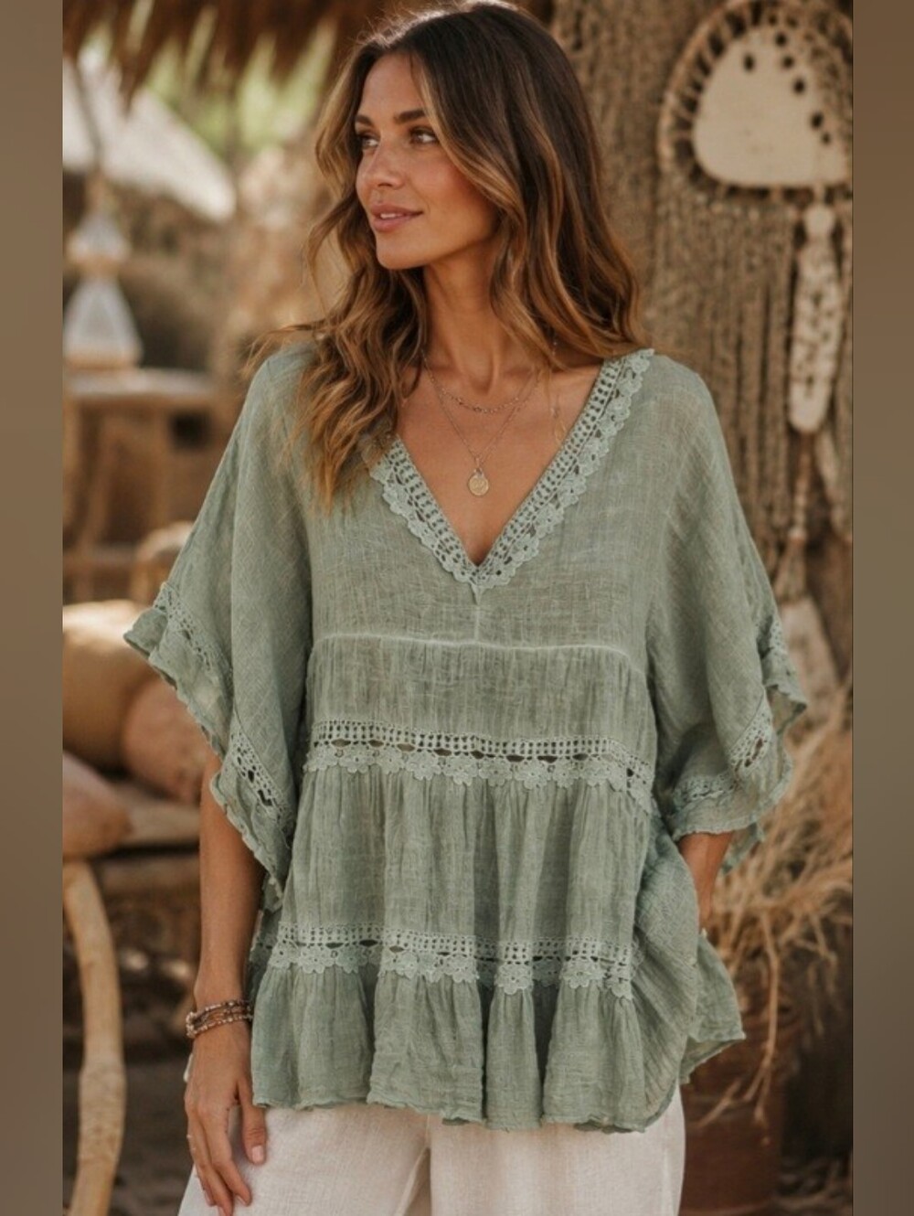 Baci Sage Green Boho Hippie Peasant Lace Trim Tunic Blouse XL Flowy Ombre Top